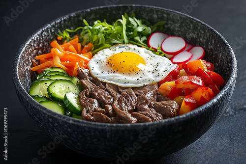 Traditional Korean dish Bibimbap: rice with vegetables beef and egg. photo