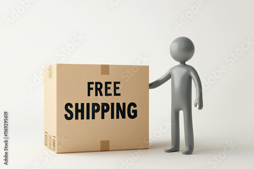 Free shipping symbol on paper box isolated on white background.cartoon charecter hold free shipping box on grey background.free shipping for designing promotional advertisements for delivery . photo