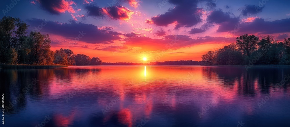 Vibrant sunset over calm lake reflecting colorful sky and trees. Vibrant sunset over calm lake reflecting colorful sky and trees.