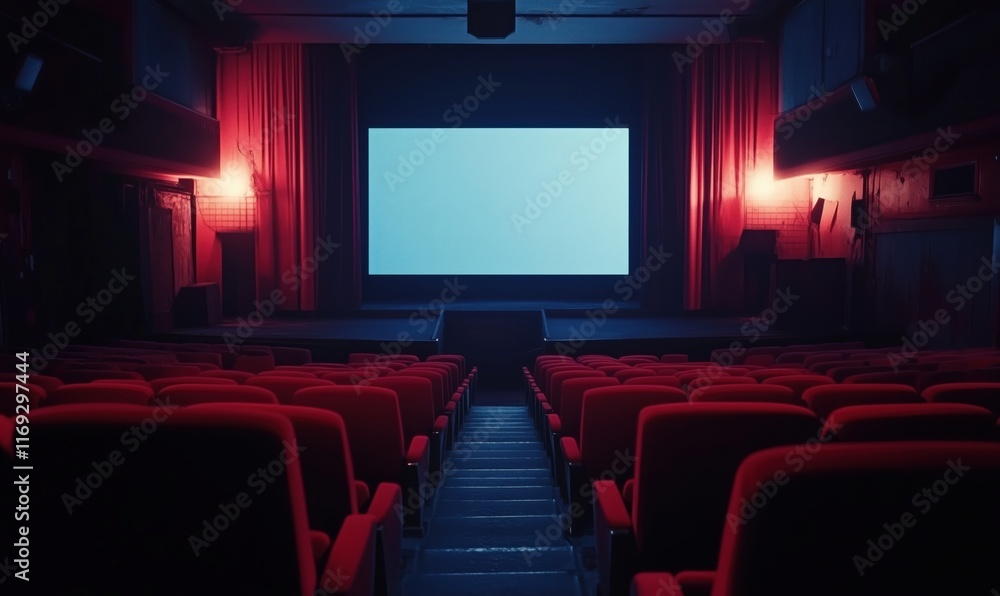 Empty cinema hall with red seats and illuminated screen, showcasing a quiet atmosphere before the show Empty cinema hall with red seats and illuminated screen, showcasing a quiet atmosphere before the show