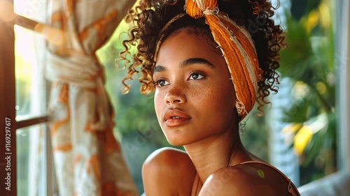 A young woman with curly hair and a vibrant headwrap poses gracefully in a sunlit room. The warm ambiance highlights her features, showcasing a sense of serenity and wellness.