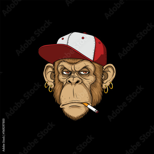 The image shows a stylized illustration of a chimpanzee head wearing a red and white baseball cap and smoking a cigarette while sporting gold earrings. photo