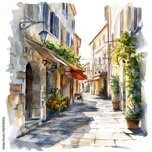 A watercolor vector painting of an old street with shops and sunlight, isolated on a white background. Old street vector.

