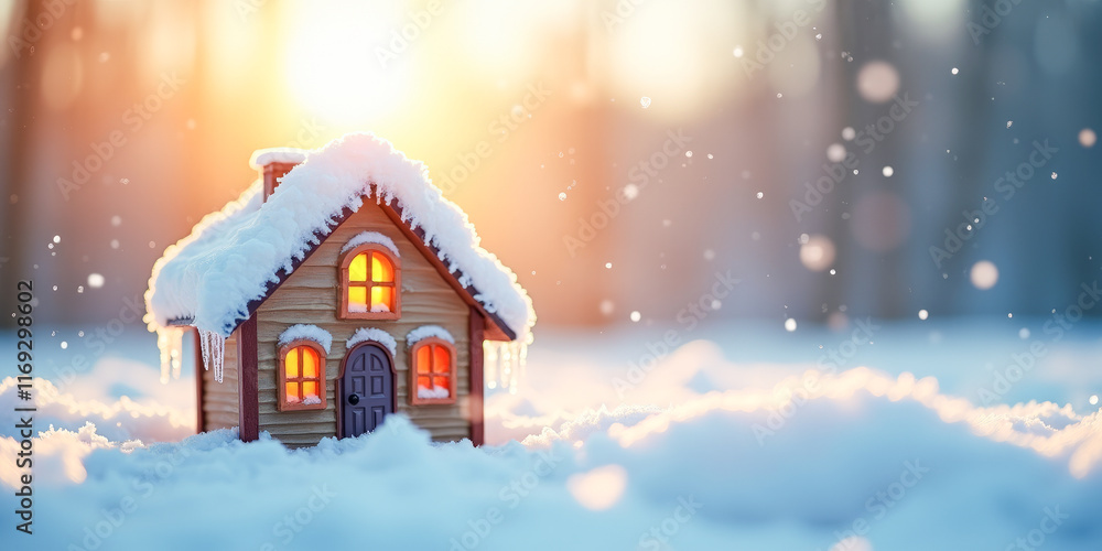 Naklejka premium colorful toy house in winter in a snowdrift in the snow and icicles