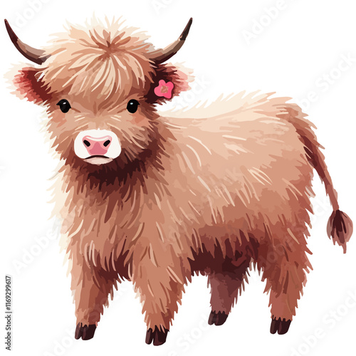 Watercolor highland cow vector illustration in soft pastel colors, rustic gentle cattle animal design, isolated decor of bovine horns, fur, natural countryside animal drawing,  elegant charming serene
