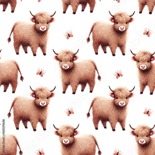 Seamless watercolor highland cow pattern, gentle cattle, butterfly meadow, rustic farm animal, decorative soft repeat, countryside nature, pastoral texture, charming tranquil whimsical design
