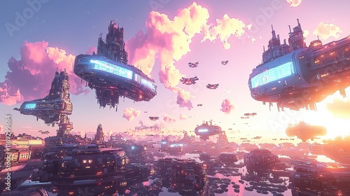 A sleek futuristic cityscape at night, glowing with vibrant neon lights in shades of blue and pink. The scene features towering skyscrapers with holographic advertisements and flying drones 