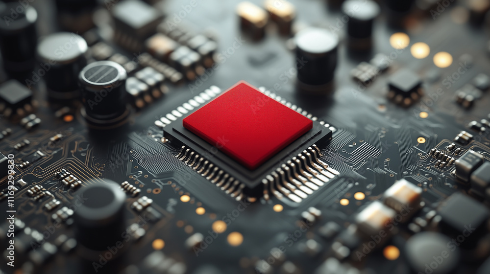 Close-up of red chip on circuit board Close-up of red chip on circuit board
