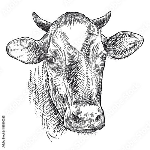 Hand drawn sketch of horned cow head (Jersey breed) in black isolated on white background. 