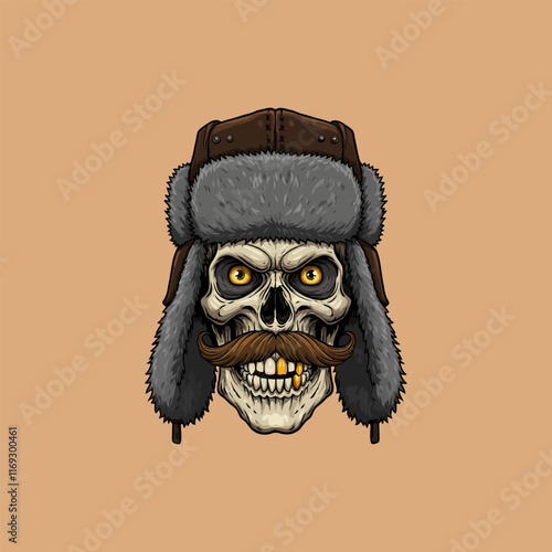 A stylized illustration depicts a skull with a handlebar mustache, wearing a brown and grey fur ushanka hat.