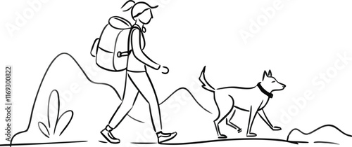 backpacker woman and dog friend walking in nature together discovering lifestyle line art
