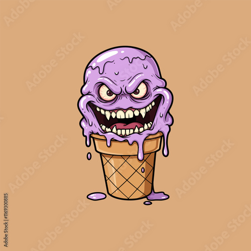 A cartoon illustration depicts a melting purple ice cream cone with a monstrous face and sharp teeth.