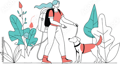 backpacker woman and dog friend walking in nature together discovering lifestyle line art