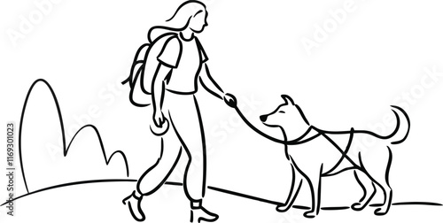 backpacker woman and dog friend walking in nature together discovering lifestyle line art