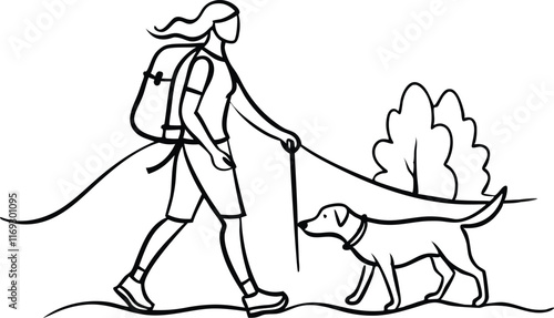 backpacker woman and dog friend walking in nature together discovering lifestyle line art