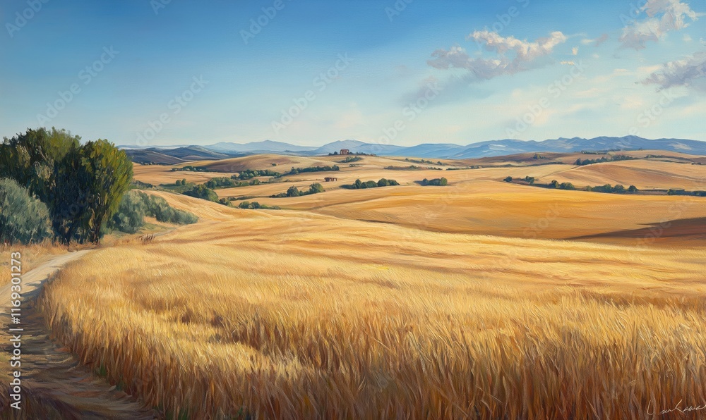 Golden Wheat Fields Under Blue Sky with Rolling Hills and Distant Mountains, Serene Landscape, Peaceful Countryside Golden Wheat Fields Under Blue Sky with Rolling Hills and Distant Mountains, Serene Landscape, Peaceful Countryside
