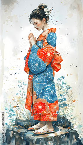 donna giapponese vestita da geisha con un kimono classico, Japanese woman dressed as geisha with a classic kimono photo