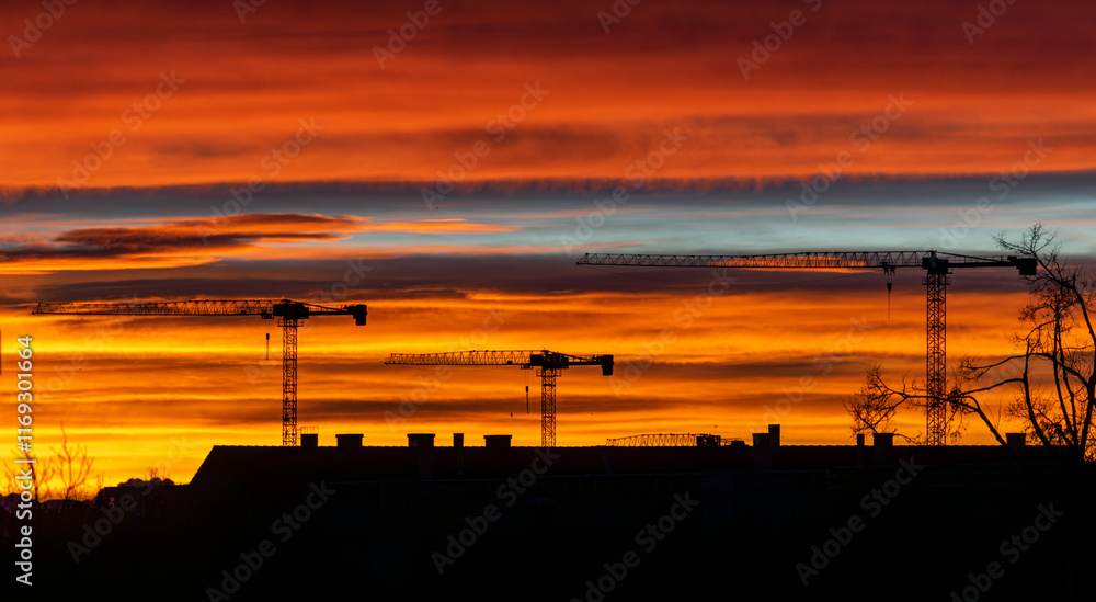 München am Morgen, Sonnenaufgang mit fantastischer Morgenröte am Himmel, Dächer und Baukräne am Horizont München am Morgen, Sonnenaufgang mit fantastischer Morgenröte am Himmel, Dächer und Baukräne am Horizont