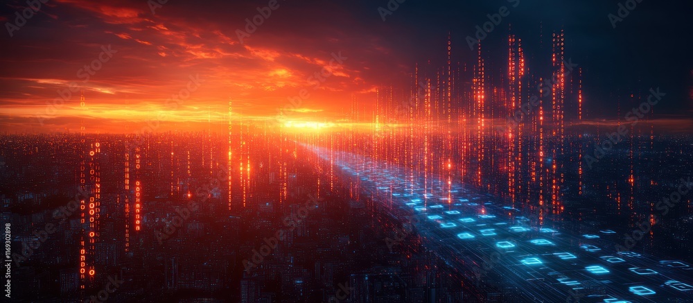 Fototapeta premium Futuristic city skyline at sunset with digital data streams.