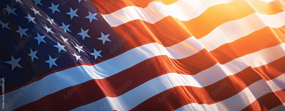 Close-up of two American flags on the right side, blurred navy blue and red background with gradient sky Close-up of two American flags on the right side, blurred navy blue and red background with gradient sky