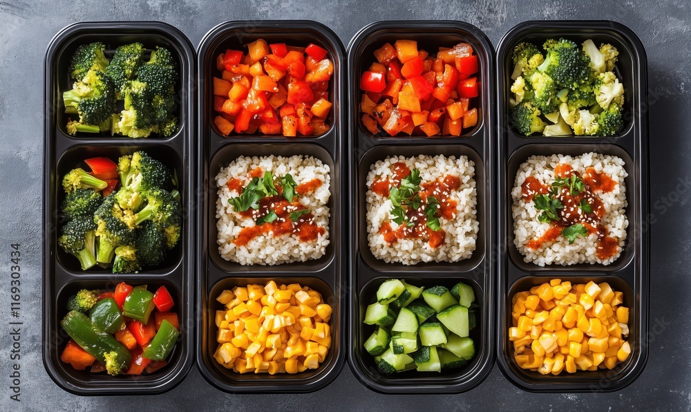 Healthy meal prep containers with broccoli, bell peppers, rice, corn, and cucumbers arranged for balanced diet Healthy meal prep containers with broccoli, bell peppers, rice, corn, and cucumbers arranged for balanced diet