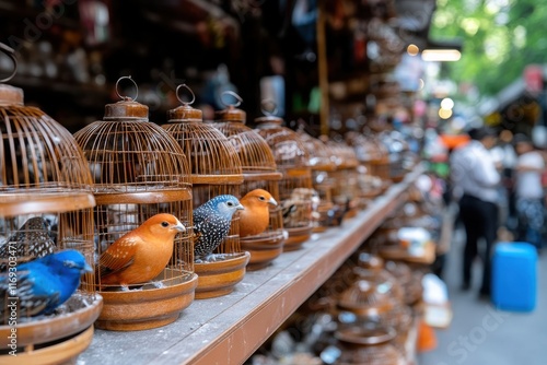 A vibrant display of colorful birds in traditional wooden cages, set in a lively market environment, showcasing a connection to nature and cultural heritage. photo