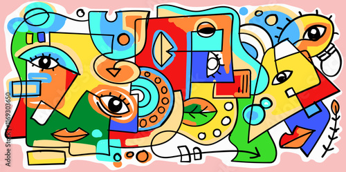 Group of colorful abstract face portrait cubism art style, decorative, line art hand drawn vector illustration.
