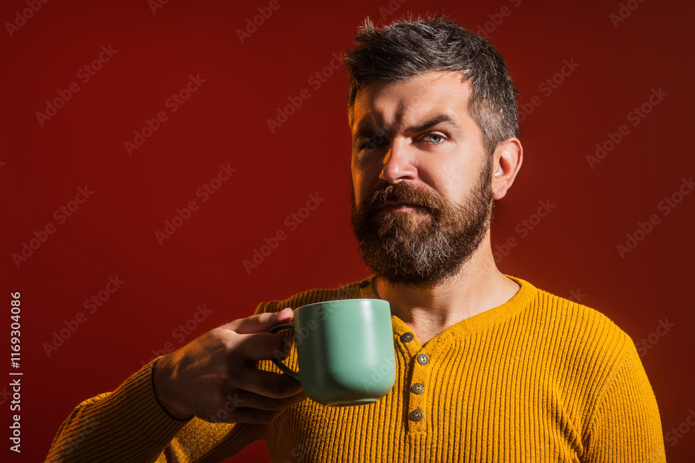 Good morning. Man awake in morning drink coffe. Portrait of man with cup or mug. Morning hygiene. Morning routine for guy. Happy wake up. Good morning. Man awake in morning drink coffe. Portrait of man with cup or mug. Morning hygiene. Morning routine for guy. Happy wake up.