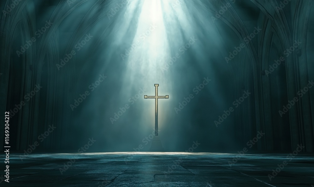 Naklejka premium Illuminated Cross in Gothic Cathedral with Ethereal Light and Misty Atmosphere