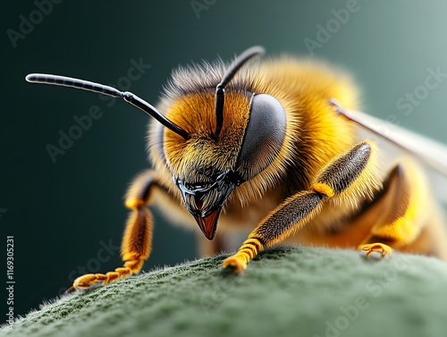 Closeup of a honey bee s delicate antennae intricate compound eyes and fuzzy segmented thorax and abdomen as it detects pheromone markers within its hive photo