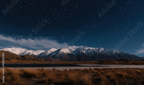 Starry Night Sky Over Snow-Capped Mountains and Serene Lake, Majestic Landscape in New Zealand