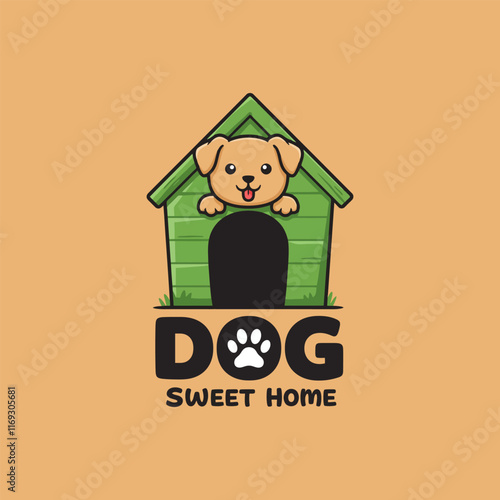 A cute cartoon dog happily peeks from its green dog house, symbolizing a sweet home.