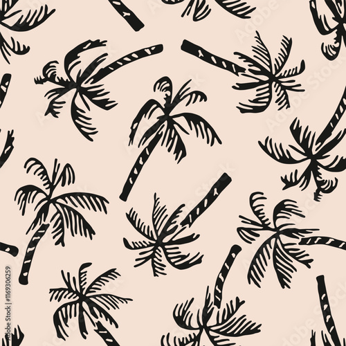 Tropical pattern with freehand drawn palm trees. Hawaii summer background organic shapes black and white for fabric, textiles, clothing, poster, cover, decor, banner, wallpaper. Vector illustration.