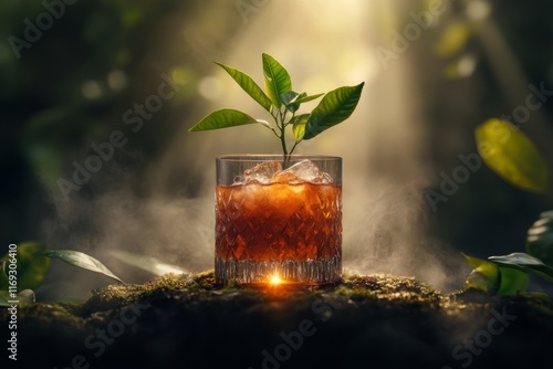 A haunting depiction of an orange tree in a misty grove, with a single glowing glass of juice placed at its roots photo