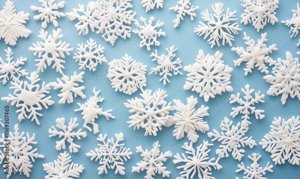 Snowflakes Collection on Blue Background, Various Shapes and Sizes, Winter Theme, Decorative Elements for Seasonal Crafts Snowflakes Collection on Blue Background, Various Shapes and Sizes, Winter Theme, Decorative Elements for Seasonal Crafts