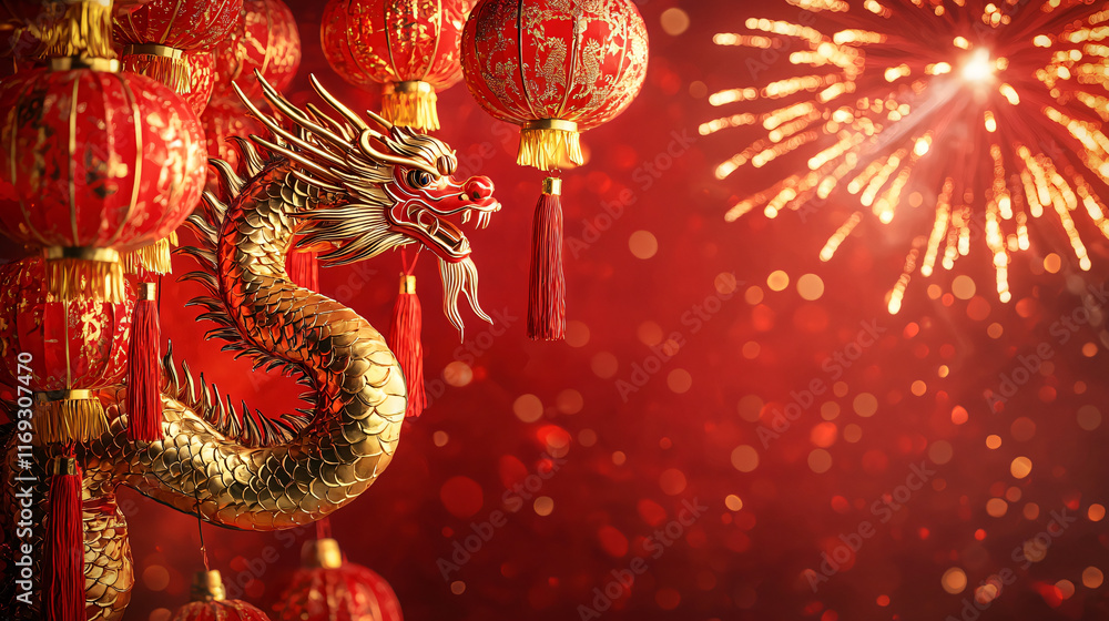 Fototapeta premium Luxurious Celebration Scene Featuring a Golden Dragon and Glowing Lanterns