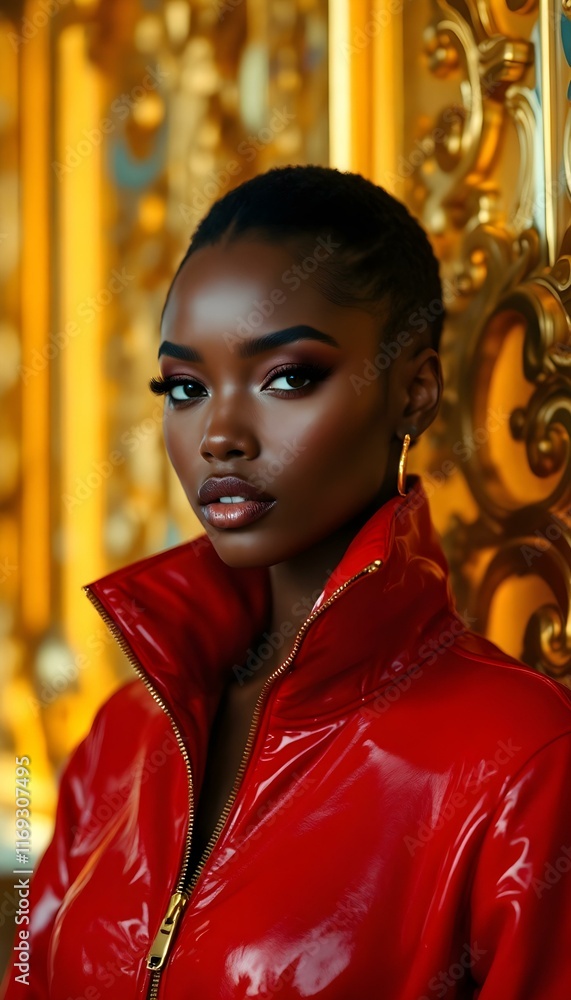Model photostoot of woman portrait in latex jacket