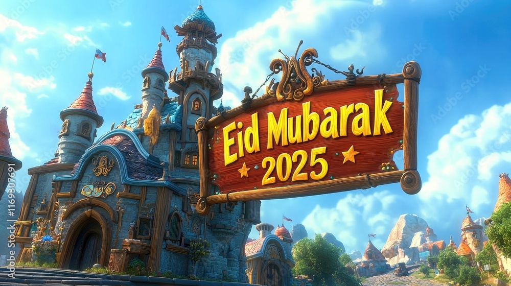 Fototapeta premium A whimsical castle town welcomes Eid Mubarak 2025. Perfect for festive greetings or game splash screens.