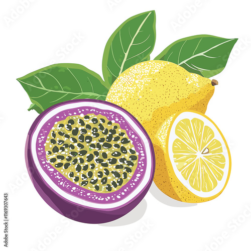 Bright lemons and passion fruit illustration.