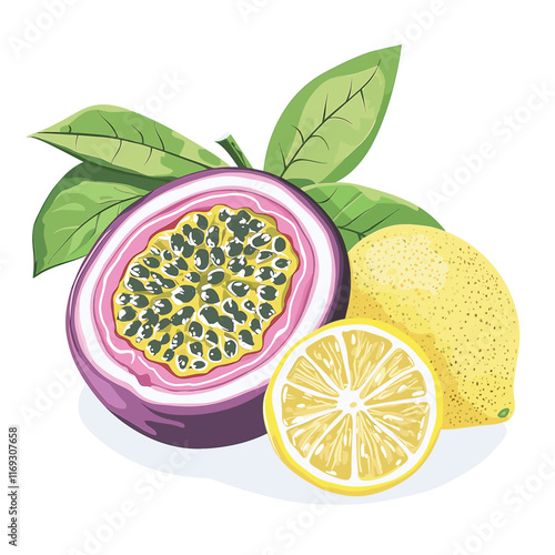 Bright lemons and passion fruit illustration.