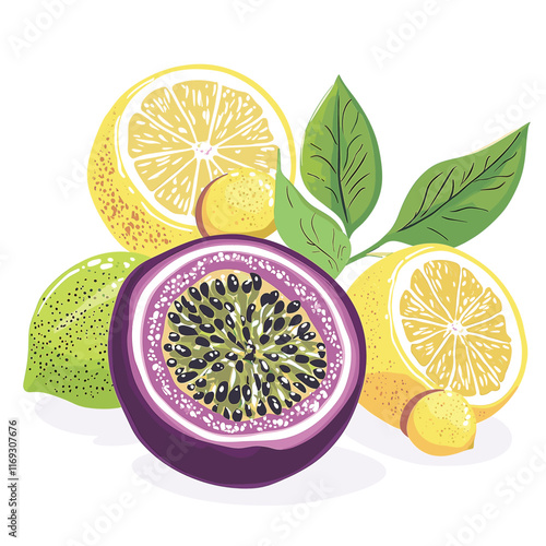 Bright lemons and passion fruit illustration.