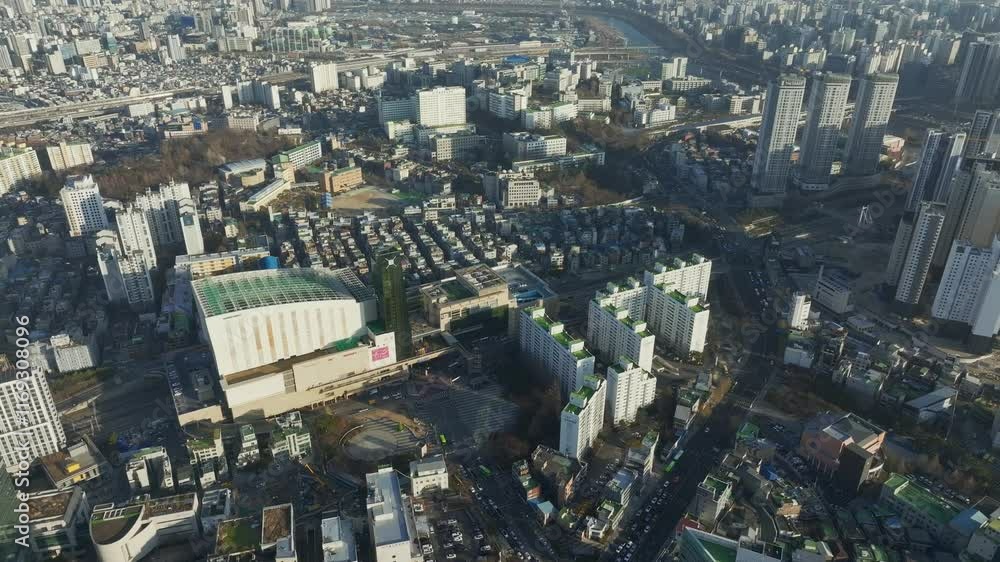 Aerial View of Seoul city in South Korea, Wangsimni, Han River, Winter Aerial View of Seoul city in South Korea, Wangsimni, Han River, Winter