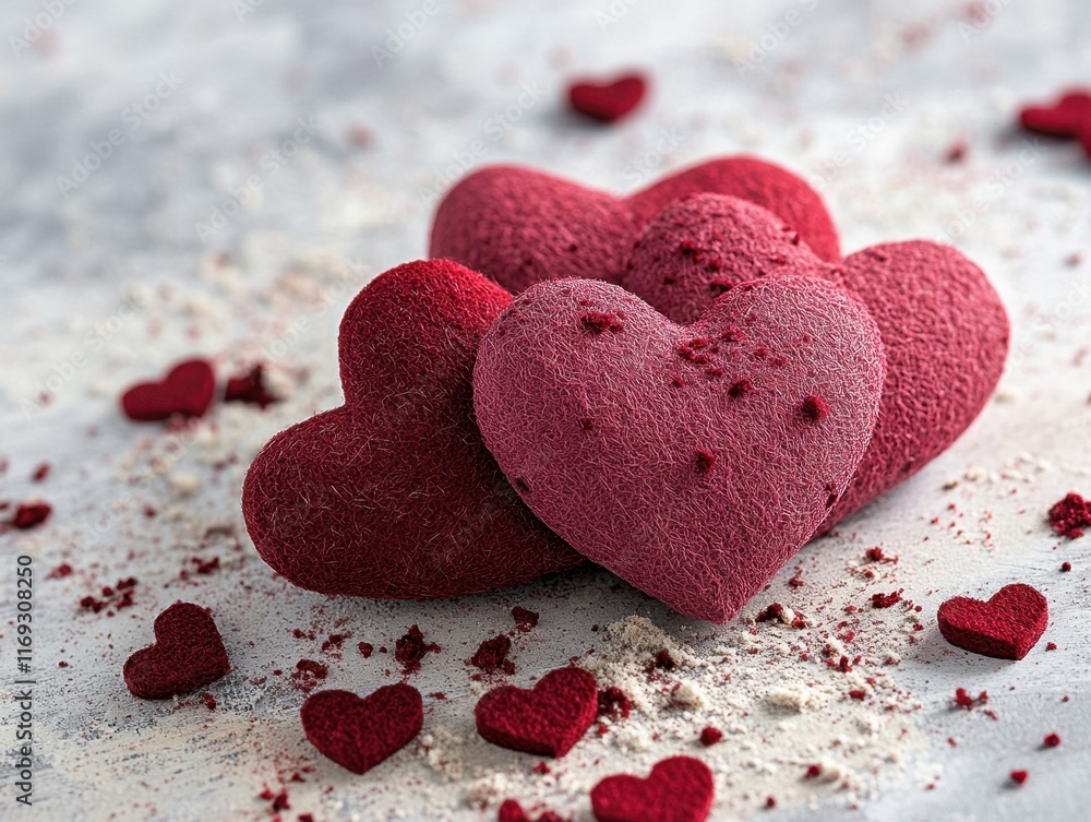 Obraz premium Felt 3D Valentine’s Day hearts on a light-colored background with scattered smaller hearts.