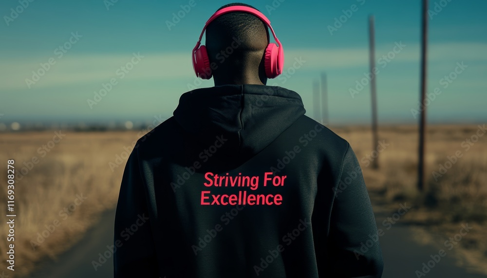 Person wearing headphones with motivational text