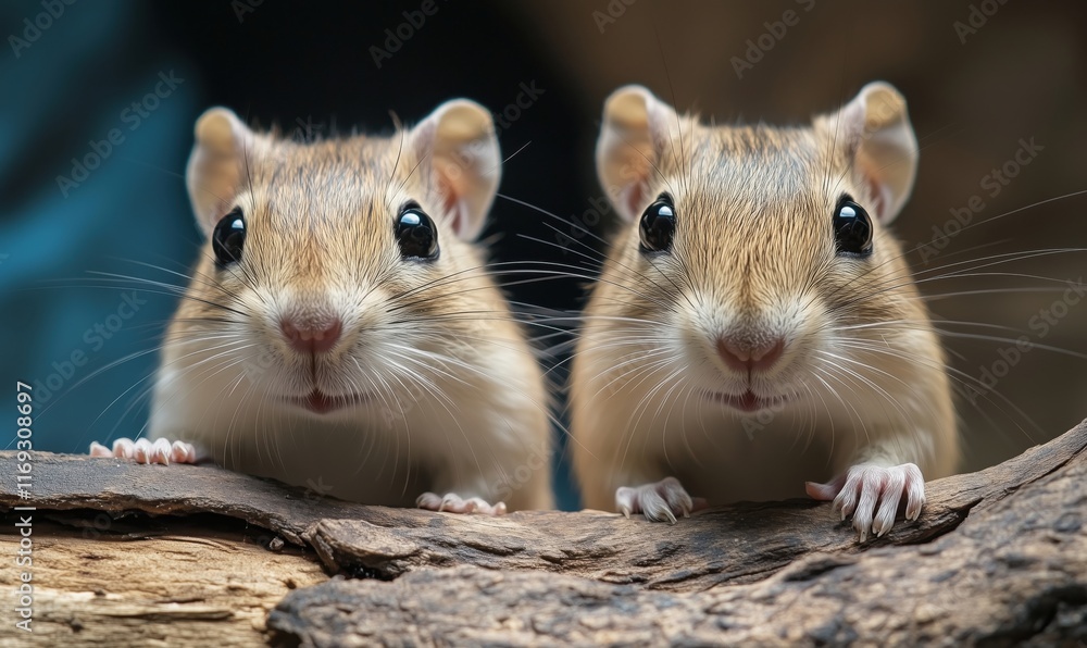 Gerbils posing on wooden log, showcasing adorable features and curious expressions, perfect for animal lovers and pet enthusiasts Gerbils posing on wooden log, showcasing adorable features and curious expressions, perfect for animal lovers and pet enthusiasts