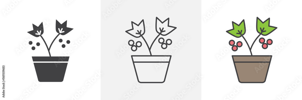 Berry shrubs and vines icons in black and colored versions Berry shrubs and vines icons in black and colored versions