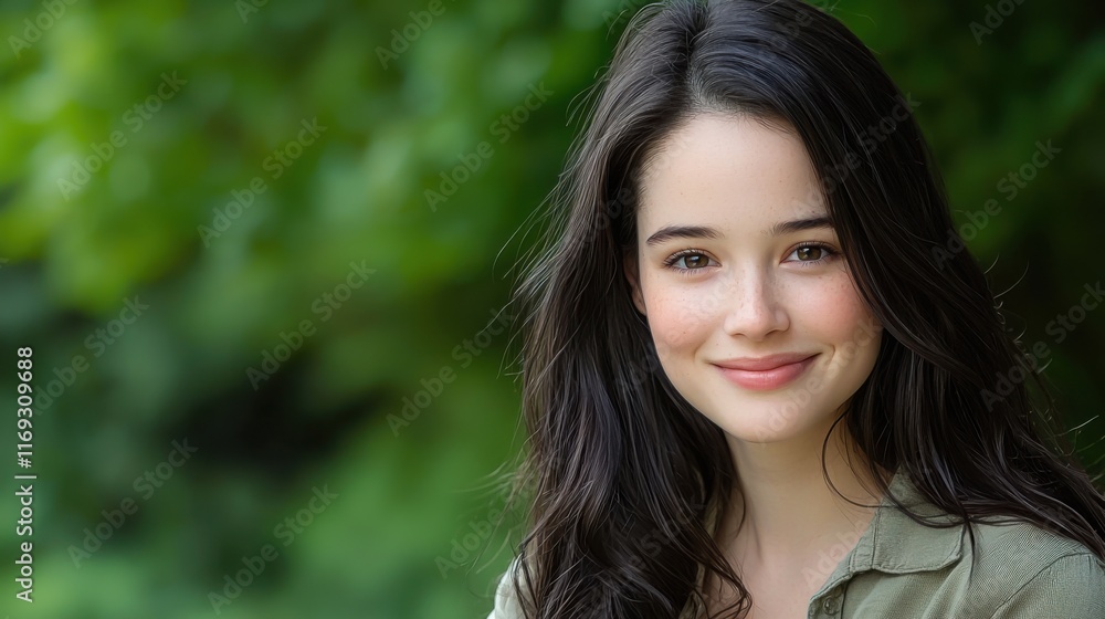 portrait of a young woman with long dark hair, wearing a casual shirt portrait of a young woman with long dark hair, wearing a casual shirt