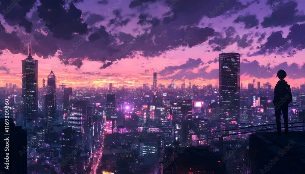 Fototapeta premium Solitary Figure Observing Neon Cityscape Sunset