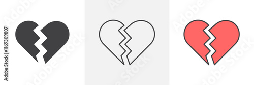 Broken heart icons in black and colored versions