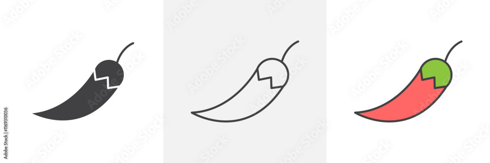 Chilli icons in black and colored versions Chilli icons in black and colored versions